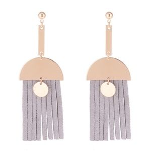 Taupe Half Moon Fringe Tassel Statement Earrings